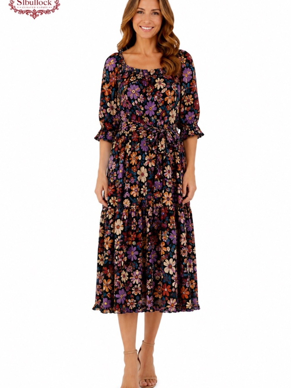 P1 Ann Taylor Sz 10 Floral Cotton Blend Midi Dress Smocked Sleeves Tiered Skirt